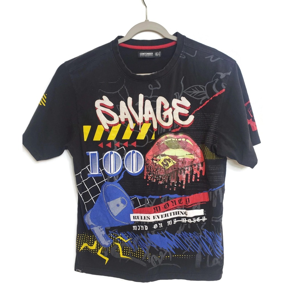 Contender Shirt Mens XL Black Savage‎ 100 Graphic Tee Streetwear Urban Y2K 90s R